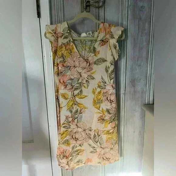 Nicole Miller Dresses & Skirts - NICOLE MILLER butter yellow petal pink Floral 100% Linen dress flutter sleeve S